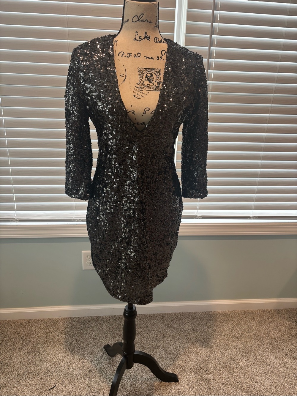 Express Black Sequin Deep V Mini Dress